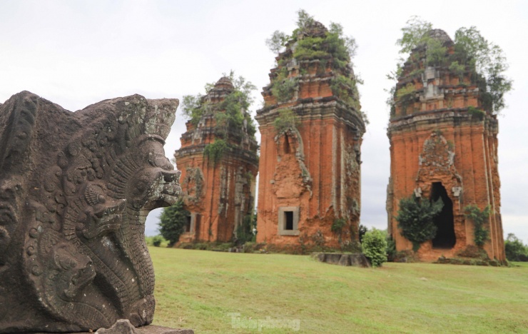 Một trong những yếu tố thể hiện rõ nét sự ảnh hưởng văn hóa Khmer đó chính là hình tượng rắn thần Naga. Trải qua các lần khai quật tại tháp Dương Long với mục đích trùng tu, tôn tạo các nhà khảo cổ học đã phát hiện số lượng lớn hiện vật điêu khắc đá mà phần lớn thể hiện đề tài rắn Naga. Ảnh: Trương Định